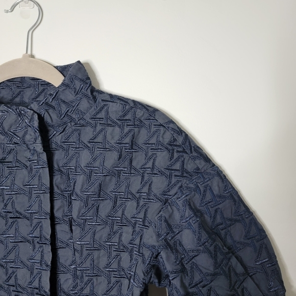 BCBG MAXAZRIA XXS Navy Blue Embroidered High Collar Button Up Shirt - Picture 3 of 10